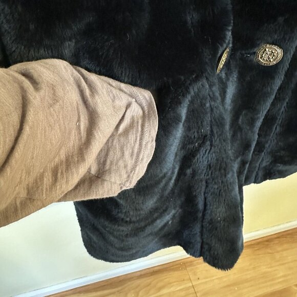 Vintage Womens Black Faux Fur Jacket Fleur de lis Buttons Coat Satin Medium - Picture 8 of 13